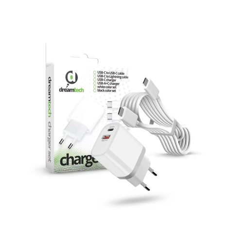 Dreamtech PD Töltő Set USB-C+A 20W+QC3.0-s adapterrel és USB-C / USB-C kábellel FEHÉR