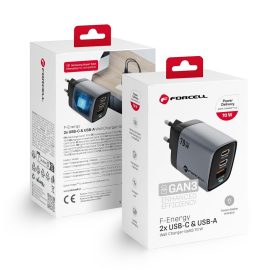   CELL F-ENERGY GaN III VT-37 utazó töltő LCD kijelzővel 2 x Type C + USB A PD QC4.0 SAM SFC2.0 3,45A 70W szürke