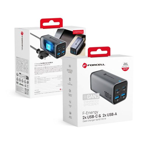 CELL F-ENERGY GaN III VT-49 asztali töltő 2 x Type C + 2 x USB A PD QC4.0 SFC2.0 5A 100W szürke