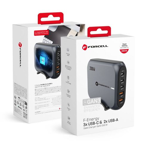 CELL F-ENERGY GaN III VT-51 asztali töltő 3 x Typ C + 2 x USB A PD QC4.0 SFC2.0 5A 200W szürke