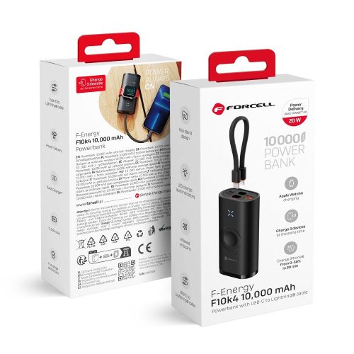 CELL F-ENERGY F10K4 powerbank, kompatibilis az Apple Watch PD QC3.0 3A 22,5W 10000 mAh fekete