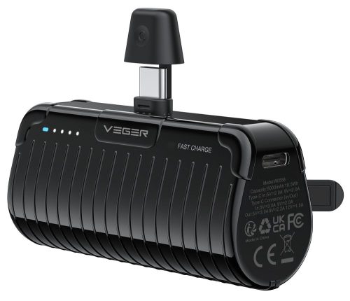 VEGER powerbank 5000 mAh beépített Type C csatlakozóval PlugOn PD QC3.0 3A 20W W0558 fekete