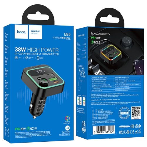 HOCO autós adó FM bluetooth 2 x USB A + Type C PD QC3.0 20W E85 fekete