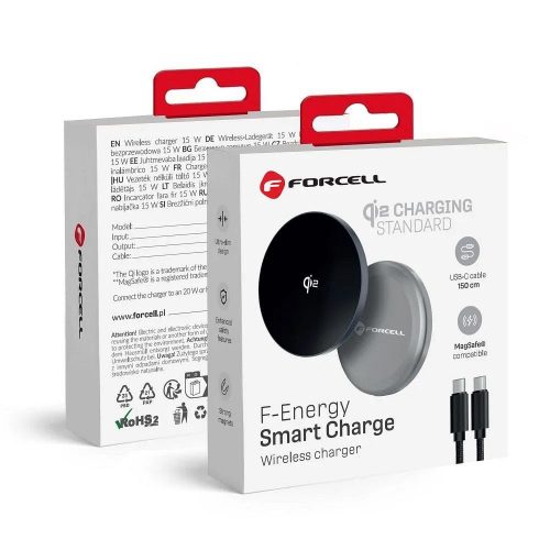 CELL F-ENERGY Smart Charge Qi2 15W vezeték nélküli töltő 150 cm-es leválasztható kábellel, MagSafe kompatibilis, ezüst