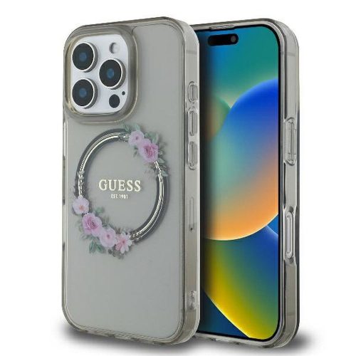 GUESS tok IPHONE 16 Pro-hoz, kompatibilis MagSafe-fel GUHMP16LHFWFCK (IML Flowers Wreath) fekete