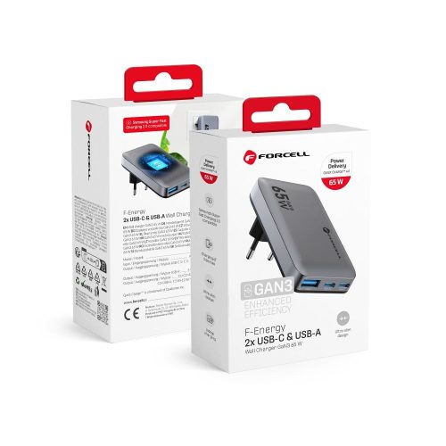 CELL F-ENERGY GaN III VT-47 Ultra Slim travel Töltő 2 x Type C + USB A PD QC4.0 4A 65W szürke