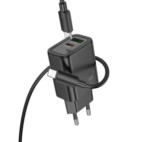   HOCO fali töltő USB A + Type C + kábel Type C - Lightning PD QC3.0 3A 20W N61 fekete