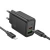 HOCO fali töltő USB A + Type C + kábel Type C - Lightning PD QC3.0 3A 20W N61 fekete