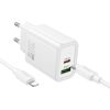 HOCO fali töltő USB A + Type C + kábel Type C-ről Lightning-re PD QC3.0 3A 30W N63 fehér