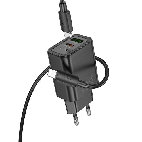 HOCO fali töltő USB A + Type C + kábel Type C to Lightning PD QC3.0 3A 30W N63 fekete