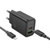 HOCO fali töltő USB A + Type C + kábel Type C to Lightning PD QC3.0 3A 30W N63 fekete