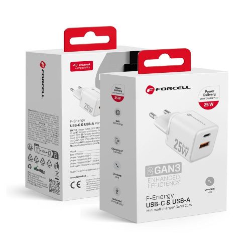 CELL F-ENERGY Mini GaN III VT-25B utazó töltő 1 x Type C + 1x USB A csatlakozóval, PD QC4.0 25W fehér