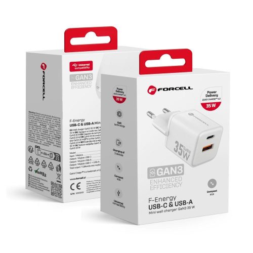 CELL F-ENERGY Mini GaN III VT-35C utazó töltő 1 x Type C + 1x USB A csatlakozóval, PD QC4.0 35W fehér
