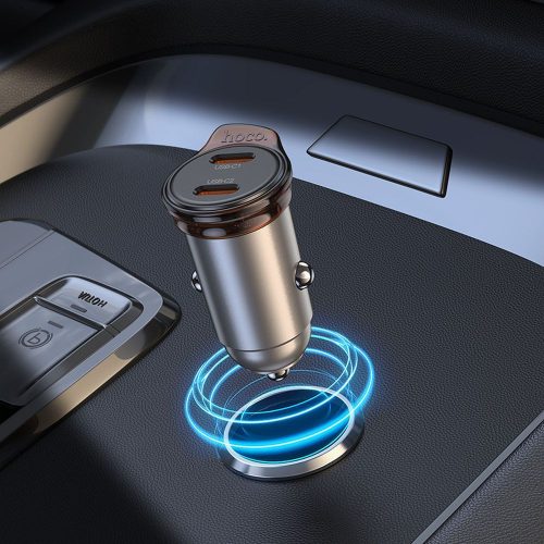Autós töltő Hoco 2 x USB C PD QC3.0 45W NZ16B fém szürke