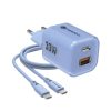 FORCELL F-ENERGY Crystal Color GaN III VT-41 travel charger with silicone cable with 1 x Type C + 1x USB A sockets, PD QC4.0 33W blue