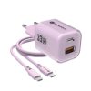 FORCELL F-ENERGY Crystal Color GaN III VT-41 travel charger with silicone cable with 1 x Type C + 1x USB A sockets, PD QC4.0 33W purple
