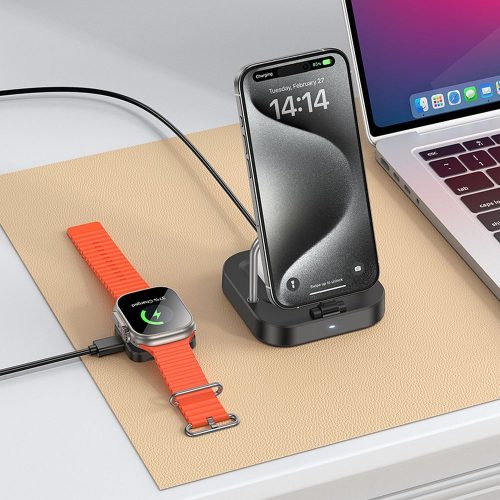 HOCO vezeték nélküli töltő 3 az 1-ben, kompatibilis Apple Watch 3A 5W CQ16A fekete