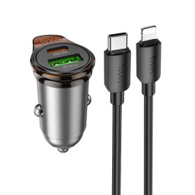   Car charger Hoco USB A + USB C QC3.0 PD 3A 43W + cable USB C to Lightning NZ16A metal gray