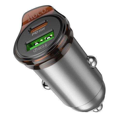 Car charger Hoco USB A + USB C QC3.0 PD 3A 43W + cable USB C to Lightning NZ16A metal gray