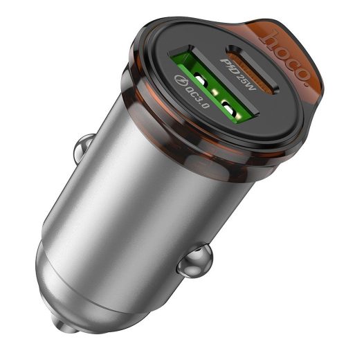 Car charger Hoco USB A + USB C QC3.0 PD 3A 43W + cable USB C to Lightning NZ16A metal gray