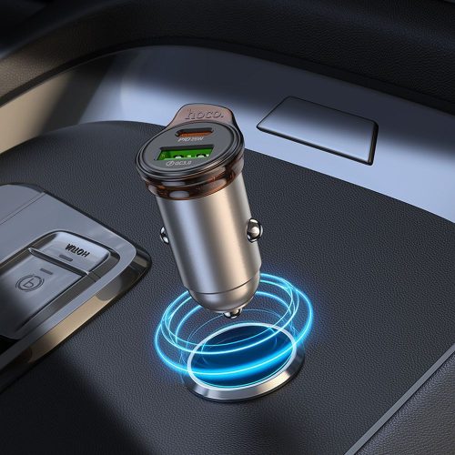 Car charger Hoco USB A + USB C QC3.0 PD 3A 43W + cable USB C to Lightning NZ16A metal gray