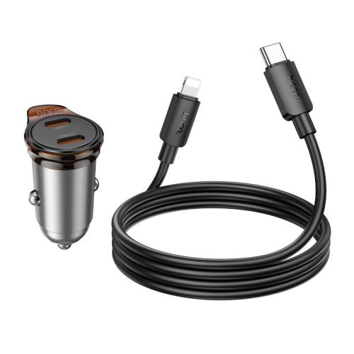 Autós töltő Hoco 2 x USB C QC PD 45W + kábel USB C - Lightning NZ16B fém szürke
