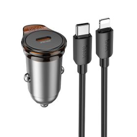   Autós töltő Hoco USB C QC PD 30W + kábel USB C - Lightning NZ16 fém szürke