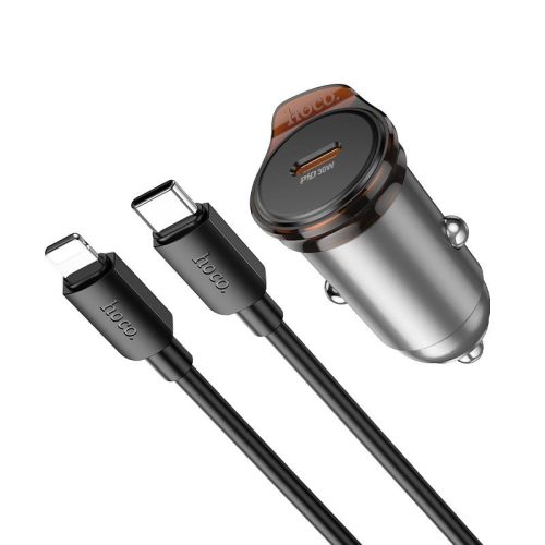 Autós töltő Hoco USB C QC PD 30W + kábel USB C - Lightning NZ16 fém szürke
