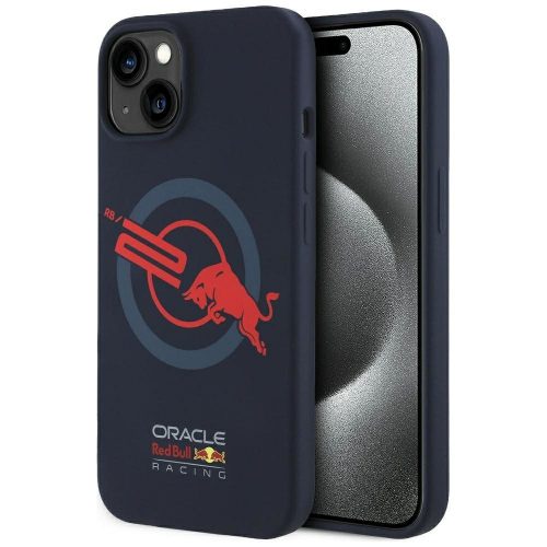 piros BULL tok IPHONE 15-höz, kompatibilis MagSafe-fel RBHMP15S24SIOLVR (Szilikon ORBR20 Logó Piros Bélés) tengerészkék