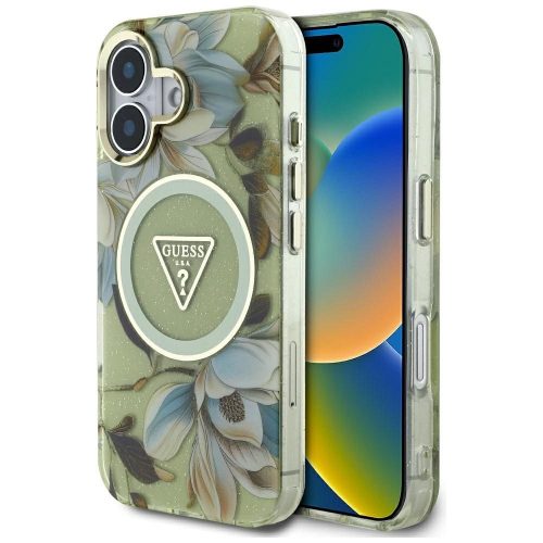 GUESS tok az IPHONE 16-hoz, kompatibilis a MagSafe-fel GUHMP16SHFLPEDN (IML Fém Csillogó Virágok Háromszög) zöld