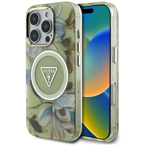 GUESS tok az IPHONE 16 Pro Max készülékhez, kompatibilis a MagSafe technológiával GUHMP16XHFLPEDN (IML Fém Csillogó Virágok Háromszög) zöld