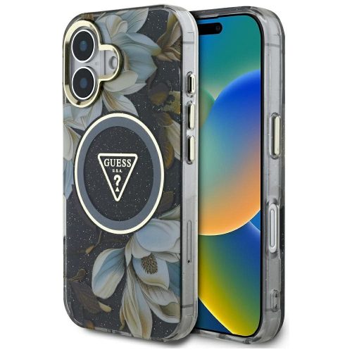 GUESS tok az IPHONE 16-hoz, MagSafe kompatibilis GUHMP16SHFLPEDK (IML Metal Glitter Flowers Triangle) fekete