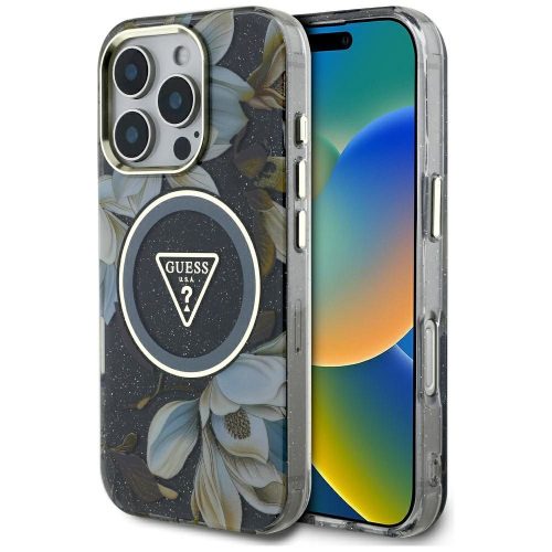 GUESS tok IPHONE 16 Pro Max-hoz, kompatibilis MagSafe-fel GUHMP16XHFLPEDK (IML Metal Glitter Flowers Triangle) fekete