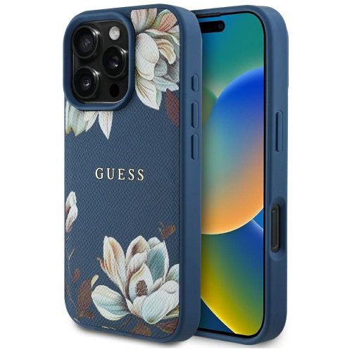 GUESS tok az IPHONE 16 Pro Max készülékhez, kompatibilis a MagSafe funkcióval GUHMP16XPGNMPLMB (PU Grained Flowers Classic Logo) kék