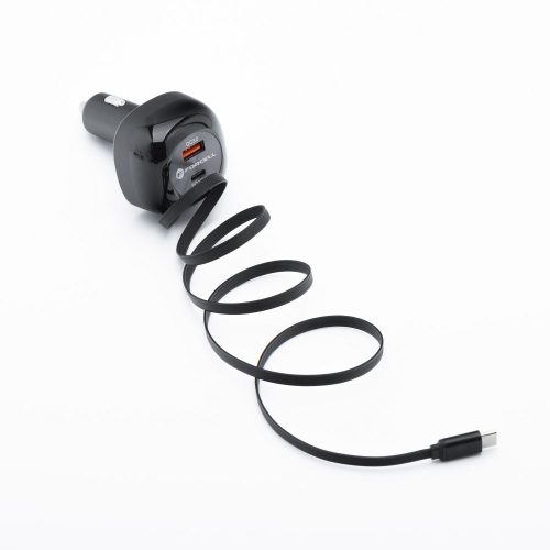 FORCELL F-ENERGY Alu autós töltő visszahúzható kábellel Type C és Type C + USB A aljzatokkal PD QC4.0 SFC2.0 3A 75W fekete