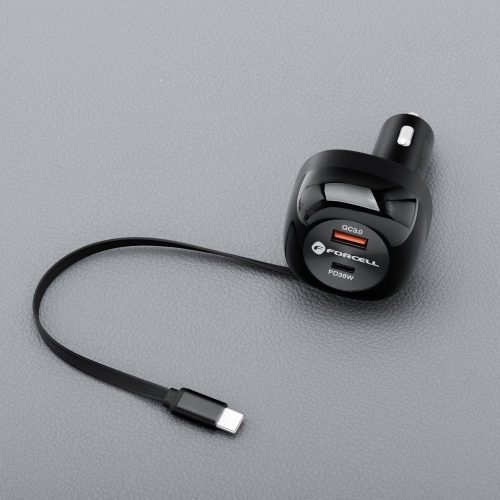FORCELL F-ENERGY Alu autós töltő visszahúzható kábellel Type C és Type C + USB A aljzatokkal PD QC4.0 SFC2.0 3A 75W fekete