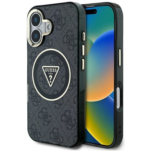 GUESS tok IPHONE 16-hoz, kompatibilis a MagSafe-fel GUHMP16SHG4PRTGK (IML Metal Glitter 4G Circle Triangle) fekete