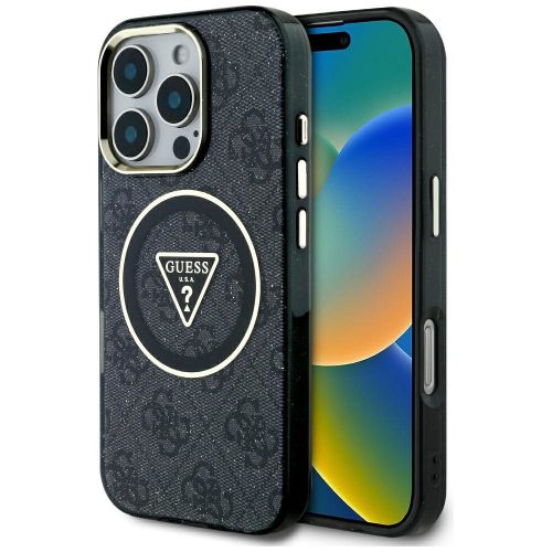GUESS tok iPHONE 16 Pro Max készülékhez, kompatibilis a MagSafe technológiával GUHMP16XHG4PRTGK (IML Metal Glitter 4G Circle Triangle) fekete