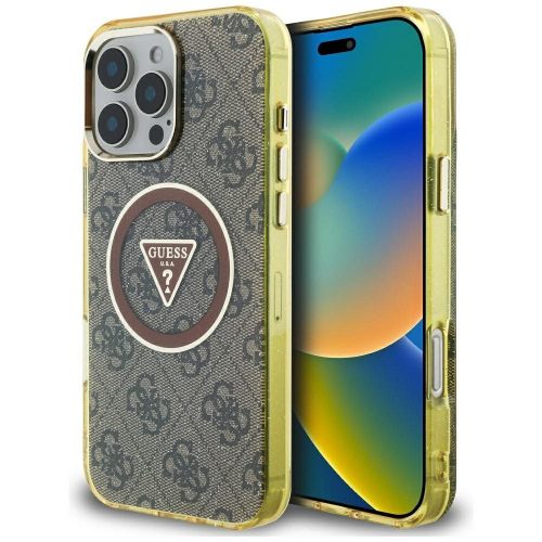 GUESS tok iPHONE 16 Pro-hoz, kompatibilis a MagSafe-fel GUHMP16LHG4PRTGW (IML Metal Glitter 4G Circle Triangle) barna