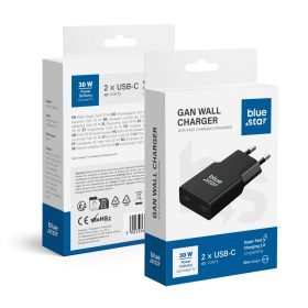   Utazó töltő Blue Star Slim GaN 2x Type C PD QC4.0 3A 30W fekete