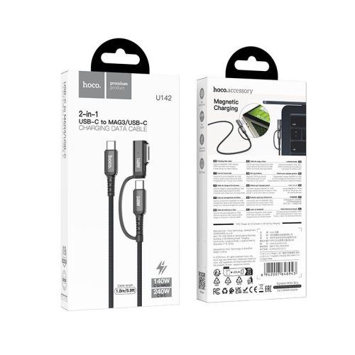 Kábel 2 az 1-ben USB C - USB C / Mag3 Hoco 240W 1,8 m U142 fekete