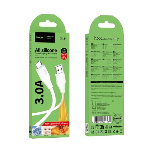 Szilikon kábel USB A-ról USB C-re Hoco 3A 1 m X124 fehér