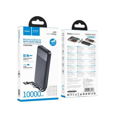 Powerbank Hoco 10000 mAh 2A with four built-in cables USB A + USB C+ Lightning + Micro USB J163 black