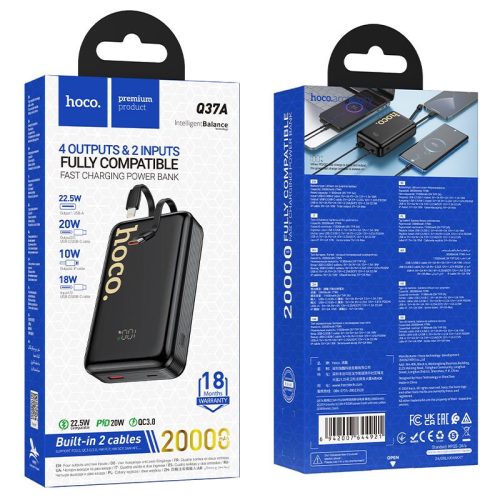 Powerbank Hoco 20000 mAh QC PD 22,5W with built-in cables USB C + Lightning Q37A black