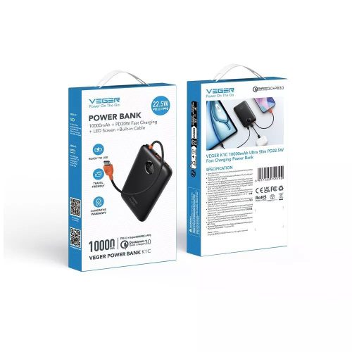 Powerbank 10000 mAh with built-in cable USB C QC3.0 PD 2A 22,5W K1C W1189 black