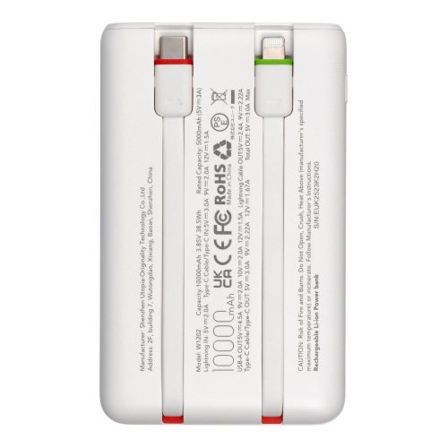 Powerbank Charmast W1202 PD3.0 3A 22,5W 10000 mAh with built-in cables USB C / Lightning white