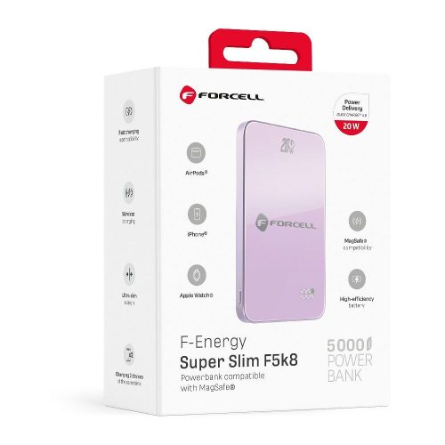 Powerbank compatible with MagSafe Forcell F-Energy SuperSlim F5K8 QC4.0 PD3.0 15W 5000 mAh purple