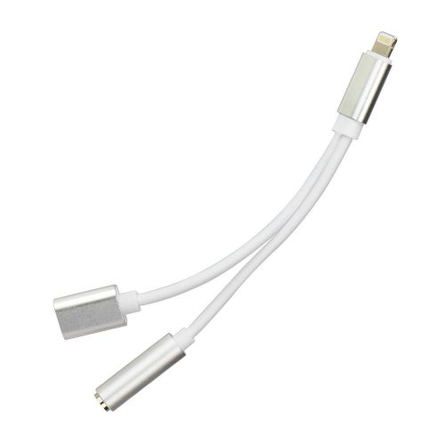 Adapter AUX 2in1 Lightning (férfi) to Lightning (női) / Jack 3,5 mm (női) ezüst
