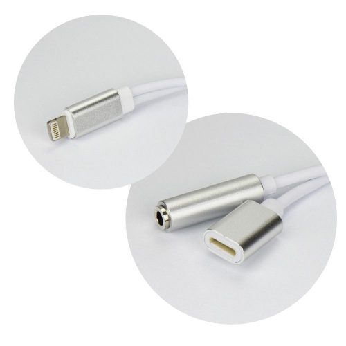 Adapter AUX 2in1 Lightning (férfi) to Lightning (női) / Jack 3,5 mm (női) ezüst