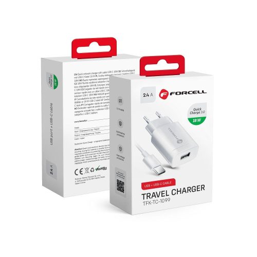 CELL F-ENERGY TFK-TC-1099 utazó töltő USB A + USB A - Type C kábel QC3.0 2,4A 18W fehér